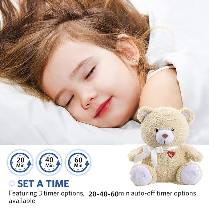 BEREST Newborns Musical Baby Sleep Soother, Mom's Heartbeat White Noise Machine, Bear Sleeping Aid with Cry Sensor, Night Light & 9 Sounds Therapy, Classic Sleeping Bear Infant Sleeping Aid Toy(Brown)