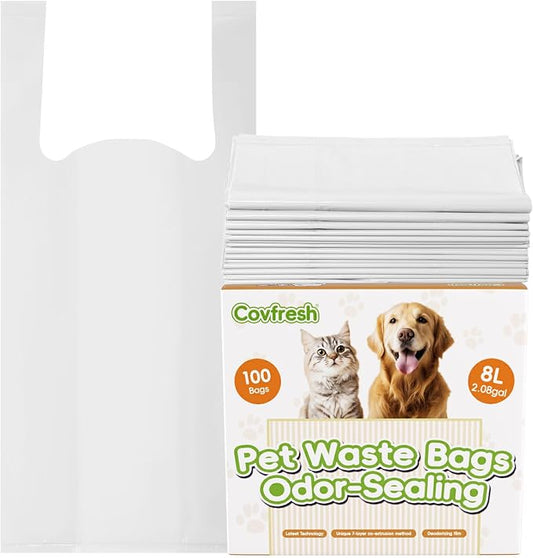 Odor Sealing Dog Poop Bags with Handles – 100 Count – Large Capacity | Heavy Duty Thick Pet Waste Bags - Leak Proof, Odor - Blocking (White)