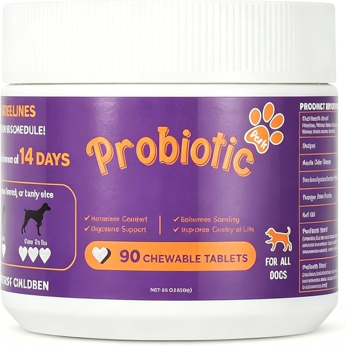 Dog Probiotic Chewable Tablets with Prebiotic, Apple Cider Vinegar & Papaya Powder, Pork Flavor Daily Digestive Supplement for All Breeds Dogs, 90 Count