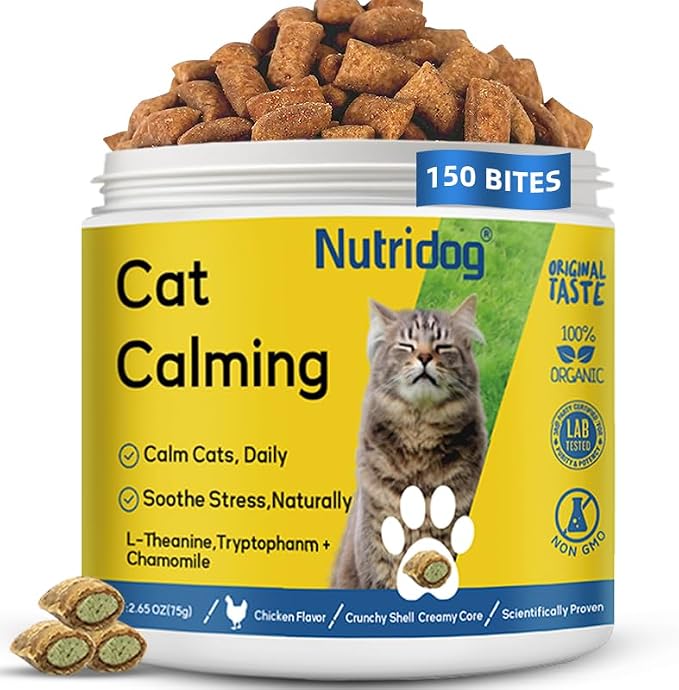 Cat Calming Treats 150 Count – L-Theanine 60mg + Tryptophan & Chamomile for Anxiety, Stress & Aggression Relief, Dual-Texture Chicken Flavor, All Breeds & Ages