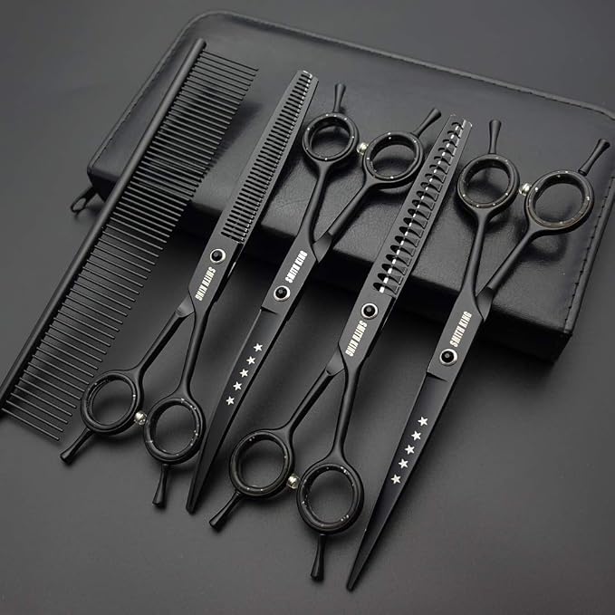 7.0 inches Professional Dog Grooming Scissors Set Straight & thinning & Curved & chunkers & comb 5pcs in 1 Set for left-handed & right handed Black