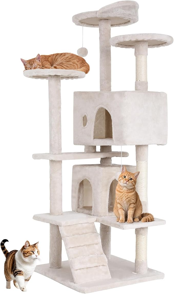 BestOffice 54 Inch Cat Tree, Multi-Level Cat Tower with Condo, Perches, Sisal Scratching Posts, Climbing Ladder,Indoor Activity Center Play House for Kittens & Adult Cats, Beige