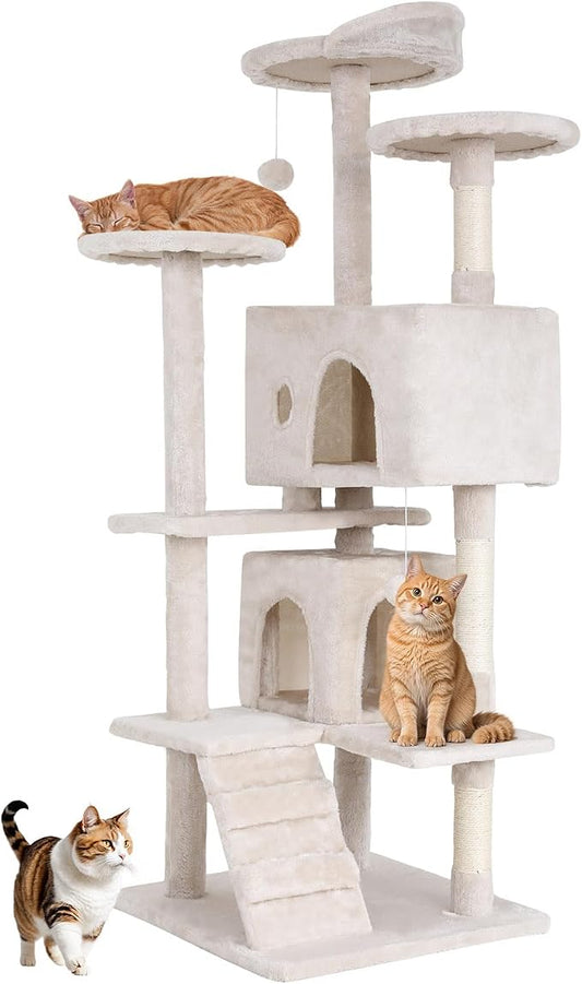 BestOffice 54 Inch Cat Tree, Multi-Level Cat Tower with Condo, Perches, Sisal Scratching Posts, Climbing Ladder,Indoor Activity Center Play House for Kittens & Adult Cats, Beige