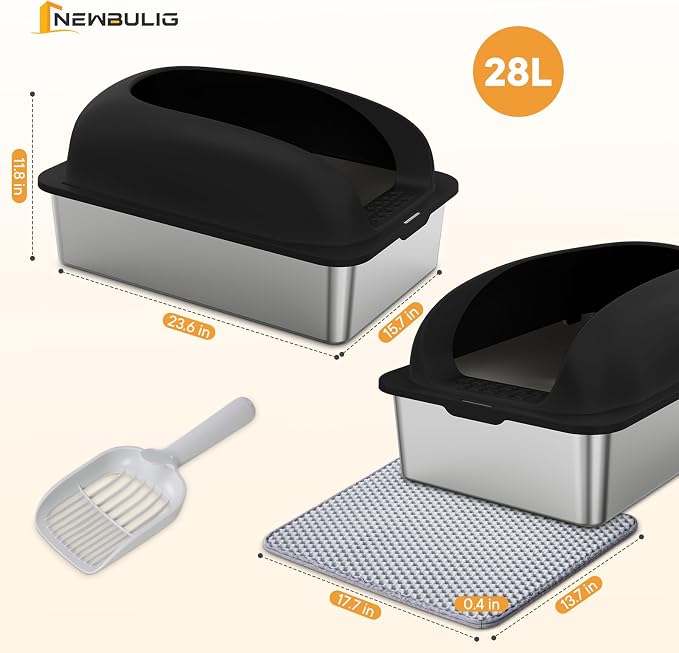 Extra Large Cat Litter Box with Lid, Stainless Steel Cat Litter Box with Scoop and Mat, High Walls for Anti-Urine Leakage, Easy Cleaning, Black