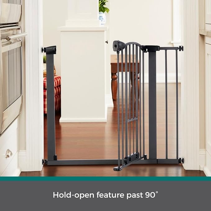 MYPET EasyPass Deco Wide Pet Gate: 29.75" - 40.5" Wide Dog Gate with Adjustable Pass-Thru Pet Door; Pressure Mounted, No Tools Needed, 31" Tall, Graphite Gray