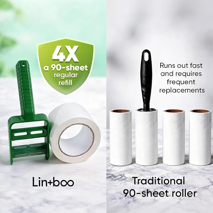 Lintboo Reusable Lint Roller (~360 sheets + 1 handle) – Double-Sided Sticky Roller with Water-Based Adhesive & Reusable/Recyclable Liner – Long-Lasting Pet Hair Remover for Clothes, Furniture & Travel