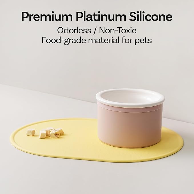 Silicone Pet Feeding Mat for Cats & Small Dogs, Non-Slip Waterproof Dog & Cat Bowl Mat with Raised Spill Edge, Made in Korea (Ash Gray, 15.7" × 11.4")