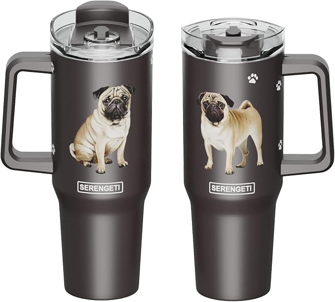 E&S Pets SERENGETI 40 Oz Ultimate Tumbler with Handle and Straw - Vacuum Insulated Tumbler with Straw and Lid - Stainless Steel Travel Mug for Pet Lovers - 3D Designs of your favorite Dog (Pug)