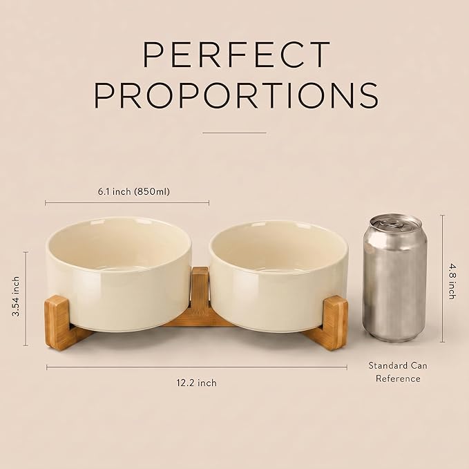 SPUNKYJUNKY Ceramic Dog and Cat Bowl Set with Wooden Stand, Modern Cute Weighted Food Water Set for Small Size Dogs (13.5OZ) & Medium Sized Dogs (28.7OZ) & Cats (3.6 Cups, 2 × Beige)