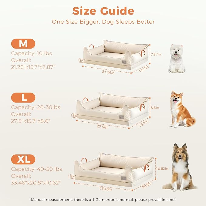 Removable Orthopedic Dog Beds for Large Dogs, Leather Memory Foam Dog Sofa Bed, Waterproof Durable Dogs Bed Couch with Non Skid Bottom for All Pet Sizes (Beige, Large)