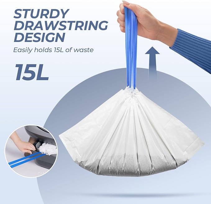 Litter Box Liners Drawstring Waste bag 6 Rolls / 120 Pcs, Heavy Duty Trash Bags, Compatible with Most of Automatic Cat Litter Box, like G1/ E2
