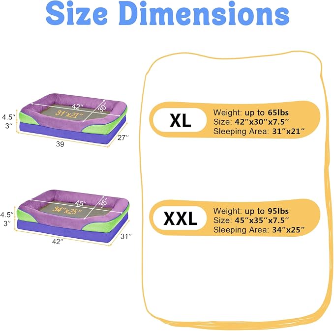 Chez Paw XXL Orthopedic Dog Bed for Extra Large Dogs, Extra Thick Egg-Crate Foam Waterproof Pet Couch with Removable Washable Cover, 4-Sided Bolster & Non-Slip Bottom, Lavender Blue 45"x35"x7.5"