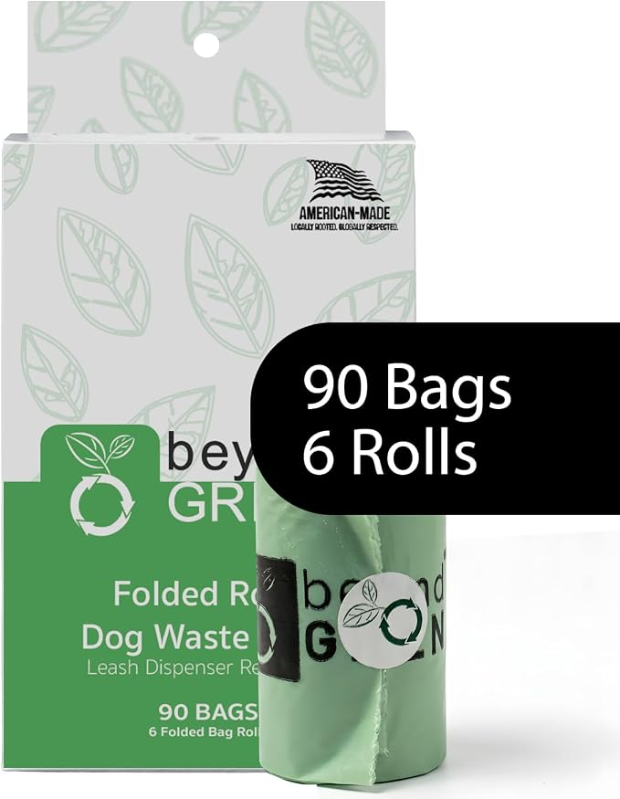 beyondGREEN Dog Waste Bags, 90 Count (6 Folded Rolls), Green Dog Poop Bags, 9 x 12 Inch Bags, Easy Dispensing Rolls, Made in USA