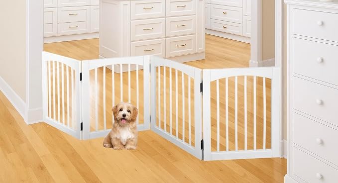 Tabago 4-Panel Foldable Freestanding Wooden Pet Gate 24"x20" – Expands up to 60", White & Natural Dog Gate for Small Pets, Stylish Indoor Barrier for Doorways & Hallways (White, 24" H x 80" W)