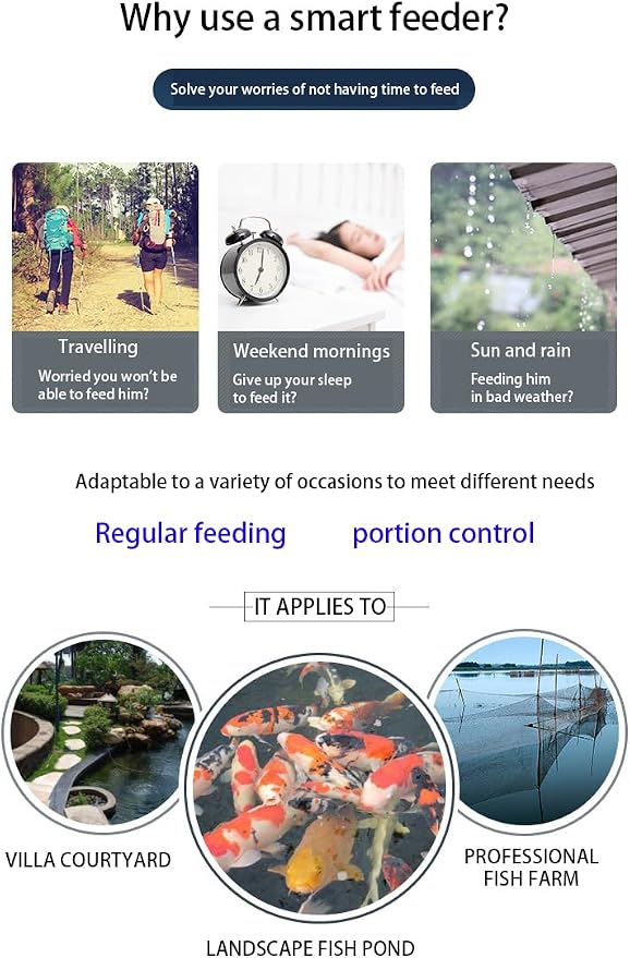 4.5L Pond feeder, Automatic fish feeder for pond outdoor, Fish feeder automatic dispenser, Timer High Capacity for Vacations & Hot or cold weather- battery powered