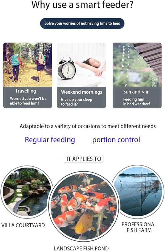 10L Pond feeder, Automatic fish feeder for pond outdoor, Fish feeder automatic dispenser, Timer High Capacity for Vacations & Hot or cold weather- battery powered