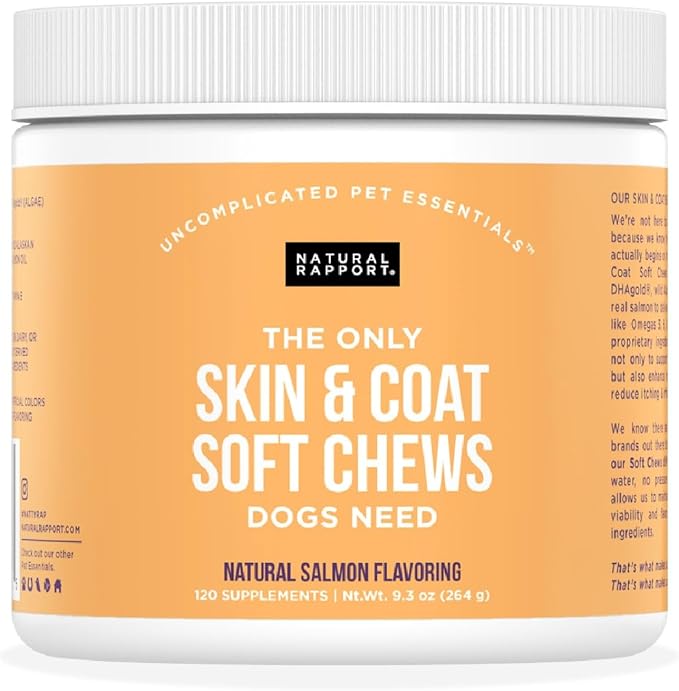Natural Rapport Dog Skin and Coat Supplement - The Only Skin and Coat Soft Chews Dogs Need - 120ct Treats that Contain Salmon Oil and Omegas 3, 6, & 9