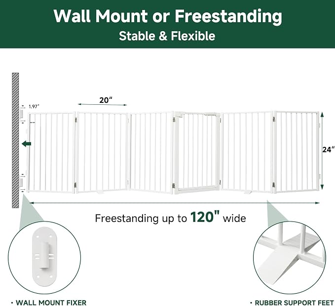Snagle Paw Full Metal Freestanding Dog Gate with Door, 120” W x 24” H Pet Gate with Support Feet for Doorways, Stairs and Hallways, Portable Dog Fence for Indoor Use (24" 6 Panel, White)
