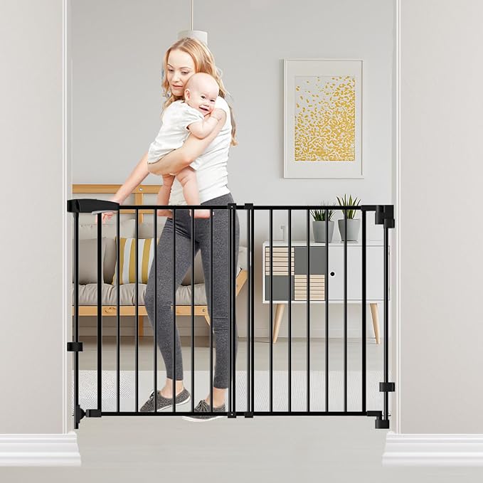 DEARBB 29.5-43.3" No Bottom Bar Baby Gate Large Walk Thru Door Auto Close Safety Wall Mount Metal Dog Gate Stairs House and Doorways Elders and Pets-Black (Black, 29.5-43.3" W x 29.5" H)
