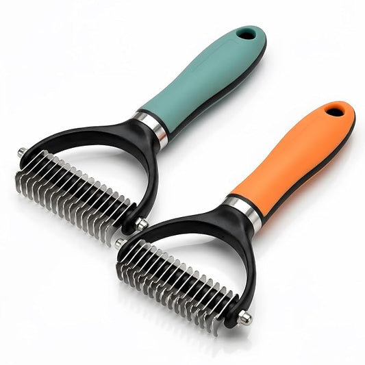 Dog Brush and Cat Deshedding Rake, Pet Grooming Tool for Shedding with Rounded Stainless Steel Teeth, Comfortable Grip for Long or Thick Coats (Orange+Green)