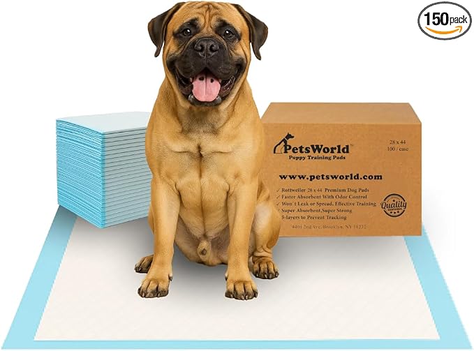PetsWorld 2XL Dog Pee Pads 28"x44" 150 Count – Extra Large Pet Pee Pads for Dogs & Puppies, Heavy Duty Leak-Proof Dog Training Pads, Super Absorbent Quick-Dry Potty Pads with Odor Control