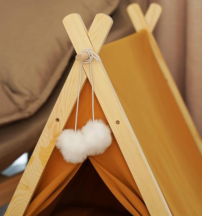Solid Wood Cat Indoor Tent with Thick Mat,Portable Dog House Dog Teepee Tent,Cute Cat Teepee Cave Cat Bed,Dog Bed (Orange)