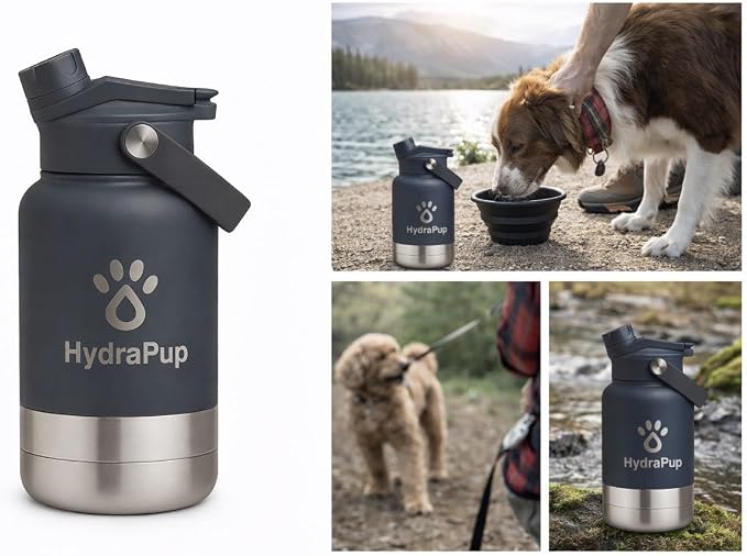 32oz Insulated Water Bottle with Dog Bowls – Human & Pet Shared Use, Stainless Steel Leakproof Travel Bottle(Slate Grey)