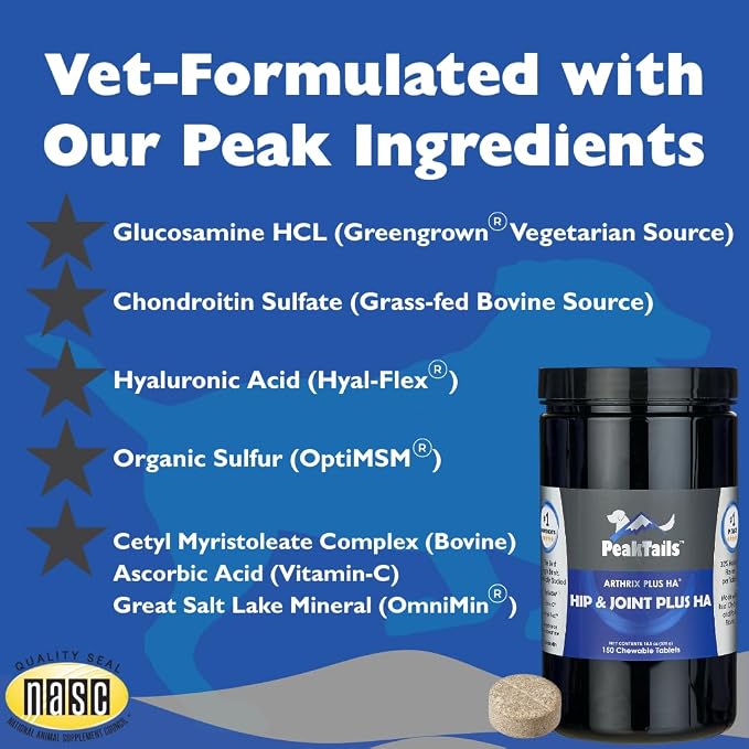 KALA HEALTH PeakTails Hip & Joint Plus HA for Dogs – 150 Tablets, Glucosamine, Chondroitin, OptiMSM, Ester-C & Hyaluronic Acid – Supports Joint Mobility & Comfort