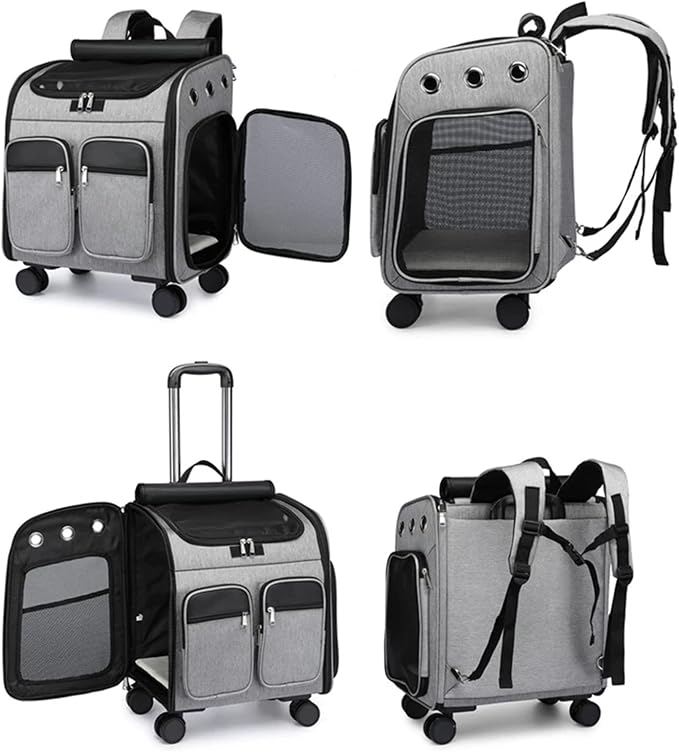Wheeled Pet Carrier Backpack Pet Stroller,Travel Carrier with Detachable Wheels for Small Dogs Cats Puppies Up to 17 Lbs, Folding Puppy Carrier,Mesh Ventilation Windows, Storage Pockets