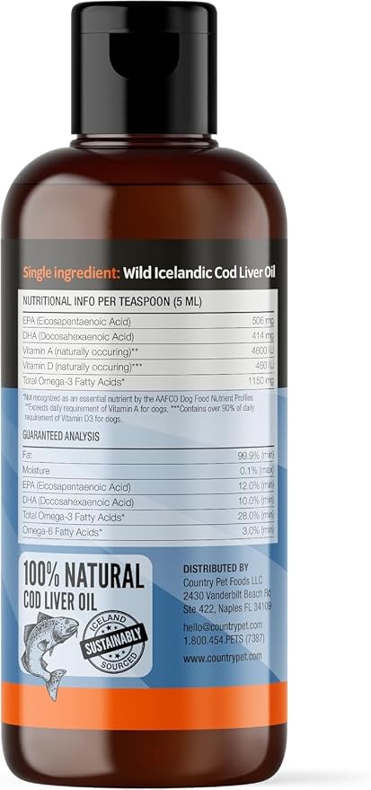 Wild-Caught Pure Icelandic Cod Liver Oil for Dogs & Cats 8oz, Single-Ingredient, 1150 mg Omega-3, High EPA/DHA, Natural Vits A&D, Supports Healthy Skin, Coat & Mobility, 8oz bottle