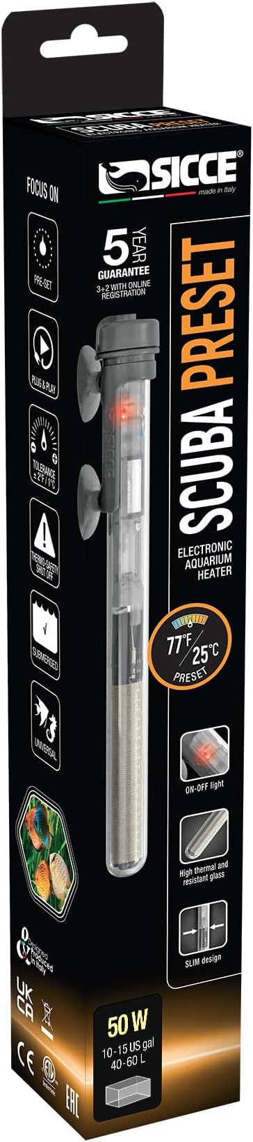 Sicce Scuba 50 Watt Aquarium Fish Tank Heater Preset at 77℉ for Up to 15 Gallons | 50W Submersible for Marine Saltwater and Freshwater | Run Dry Protection