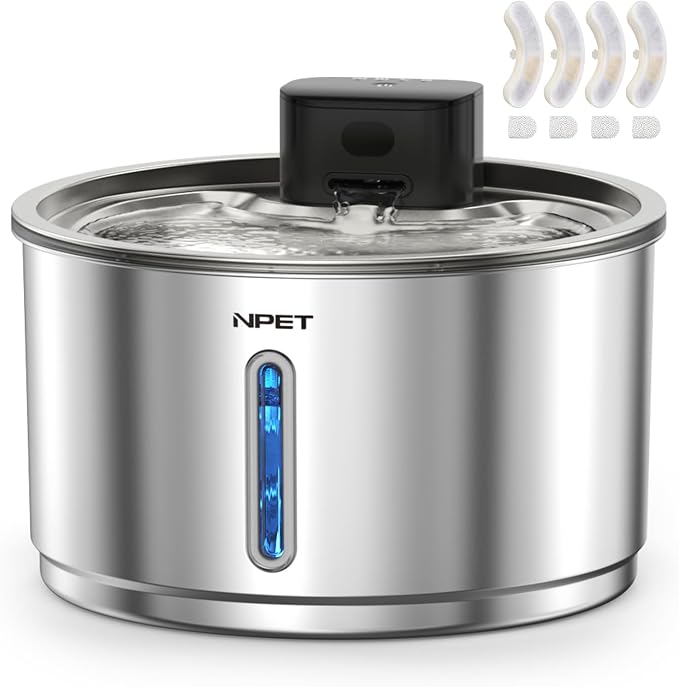 NPET Stainless Steel Wireless Cat Fountain, 1Gallon/135oz Battery Operated Automatic Pet Drinking Fountain - Cordless Dog Water Dispenser with 4 Replacement Filters for Cats Indoor