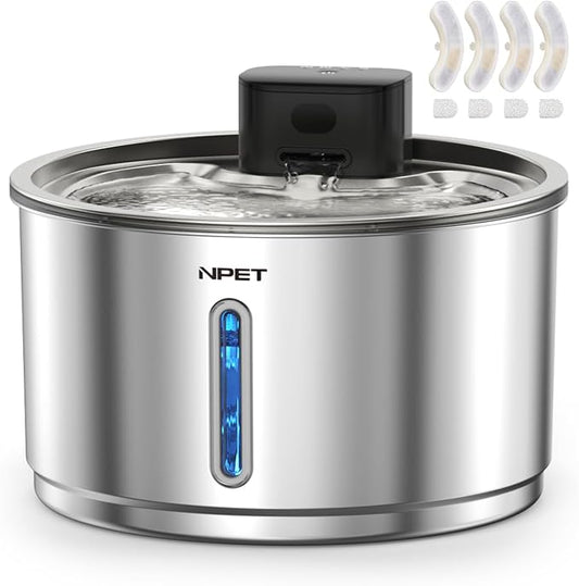 NPET Stainless Steel Wireless Cat Fountain, 1Gallon/135oz Battery Operated Automatic Pet Drinking Fountain - Cordless Dog Water Dispenser with 4 Replacement Filters for Cats Indoor