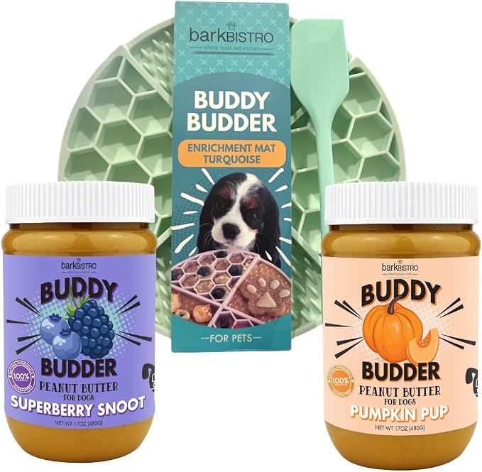 BUDDY BUDDER Superberry Snoot + Pumpkin Pup Blue Dog Enrichment Mat Combo, 100% Natural Peanut Butter, Healthy Dog Treats - Made in USA (Set of 2 / 17oz Jars + Lickmat)