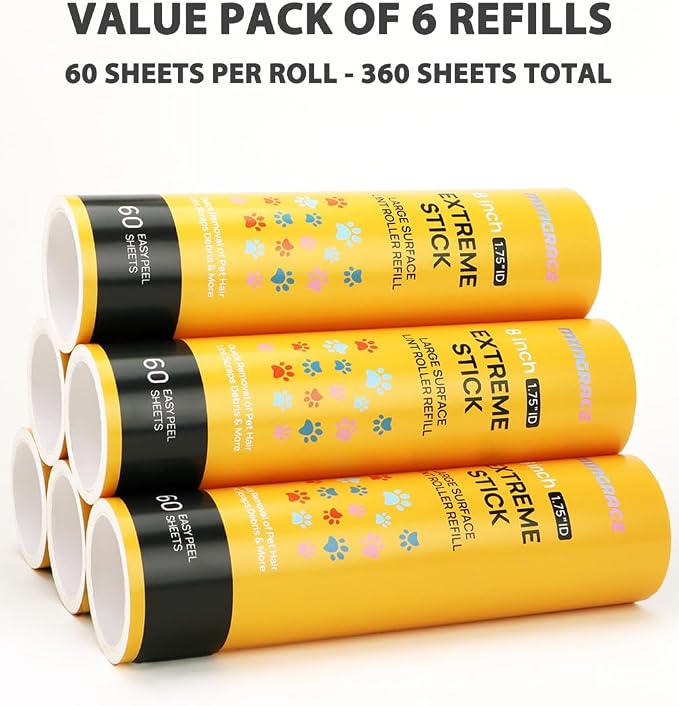50% Stickier Large Surface Roller Refill for Scotch-Brite Large Lint Roller 8 inch Extra Sticky 60 Sheets per Refill, Pack of 6, 360 Sheets Total, Works Great On Pet Hair