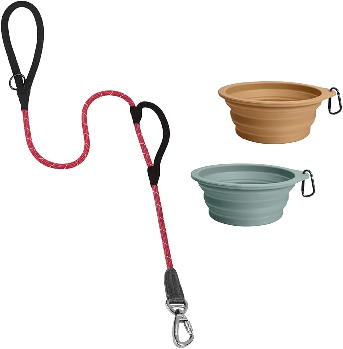 PetBonus Double Handle Rope Dog Leash and 2-Pack Large Silicone Collapsible Dog Bowls
