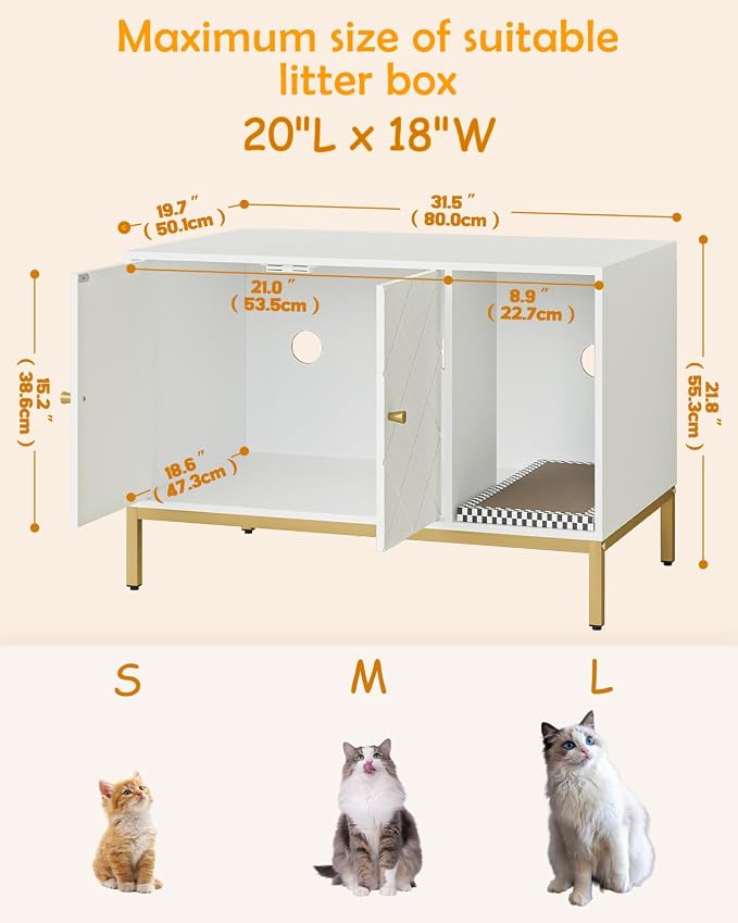 Cat Litter Box Enclosure, Modern Hidden Litter Box Furniture with Scratching Pad, Wooden Cat House Cabinet with Gold Metal Legs, Fit Most of Litter Box, White