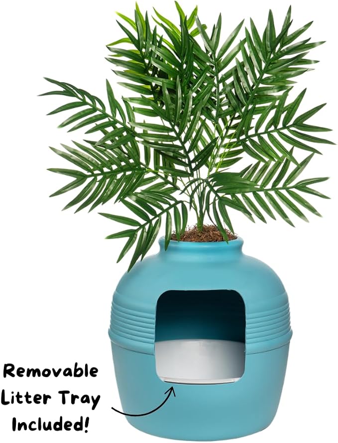 Good Pet Stuff Original Hidden Litter Box Planter, Decorative Cat Litter Enclosure, Carbon Filter, Faux Plant, Easy to Clean, Round Design, Removable Tray, Essentials Kit, Palm Plant, Coastal Blue