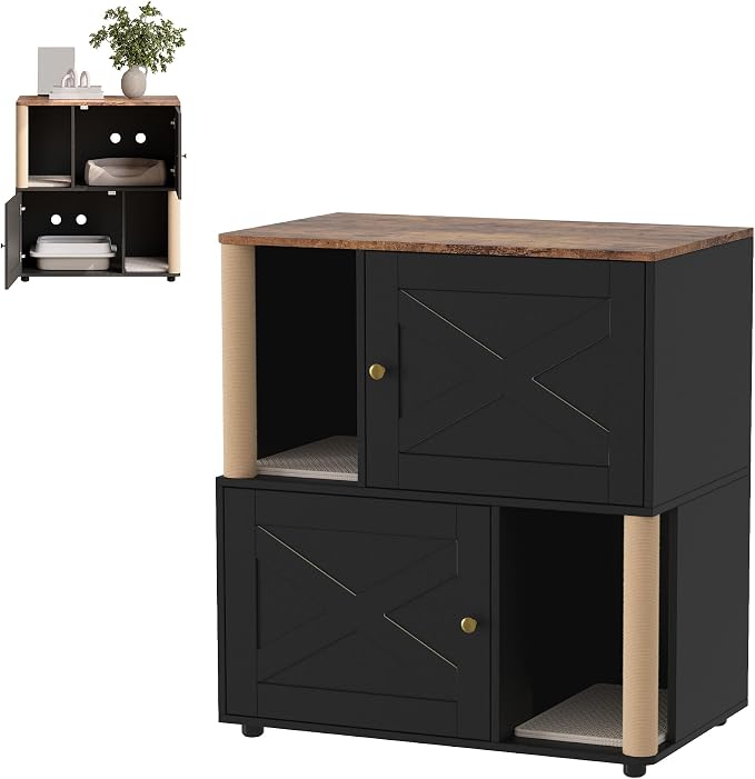 Cat Litter Box Enclosure, Two-Story Wooden Hidden Litter Box Furniture with Scratching Post, Multi-Level Cat Washroom Cabinet for 2 Cats, Reinforced Wood Frame & Ventilated Design for Small Apartment