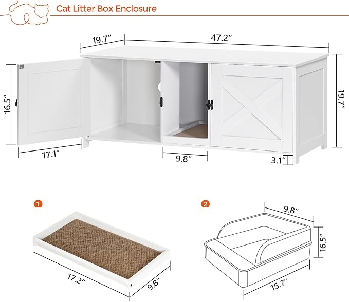 MAHANCRIS Cat Litter Box Enclosure for 2 Cats, 47.2" Hidden Litter Box Furniture with Double Room, Wooden Cats Washroom with Scratching Board, Indoor Cats House End Table, White CWWT1201
