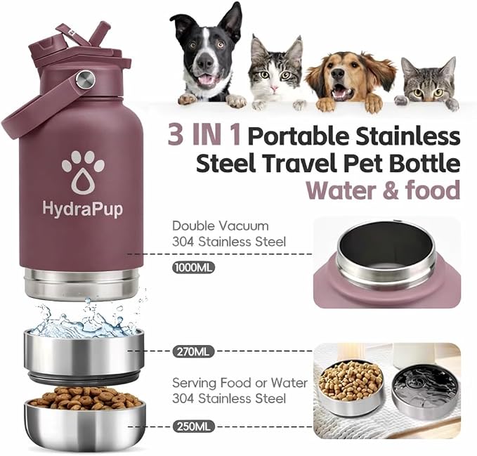 32oz Insulated Dog Water Bottle – Stainless steel, leakproof travel jug keeps water cold. Includes pet bowls, perfect for hiking, camping, and outdoor adventures with your dog (Mauve)
