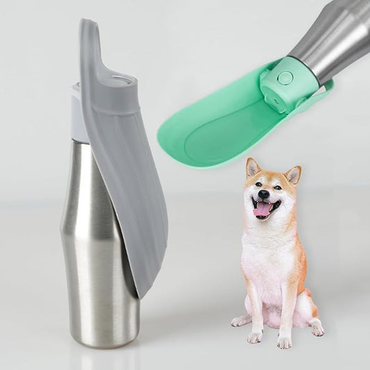 Portable Dog Water Bottle with Dispenser, 750ml Stainless Steel Travel Cup and Collapsible Water Bowl for Dogs, Ideal for Outdoor Activities, Walking,Hiking, Road Trips (Grey)