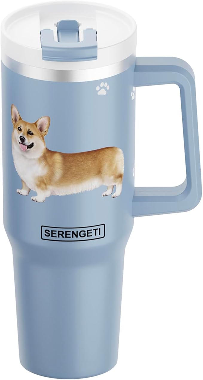 SERENGETI 40 Oz Ultimate Tumbler with Handle and Straw - Vacuum Insulated Tumbler with Straw and Lid - Stainless Steel Travel Mug for Pet Lovers - 3D Designs of your favorite Dog (Welsh Corgi)