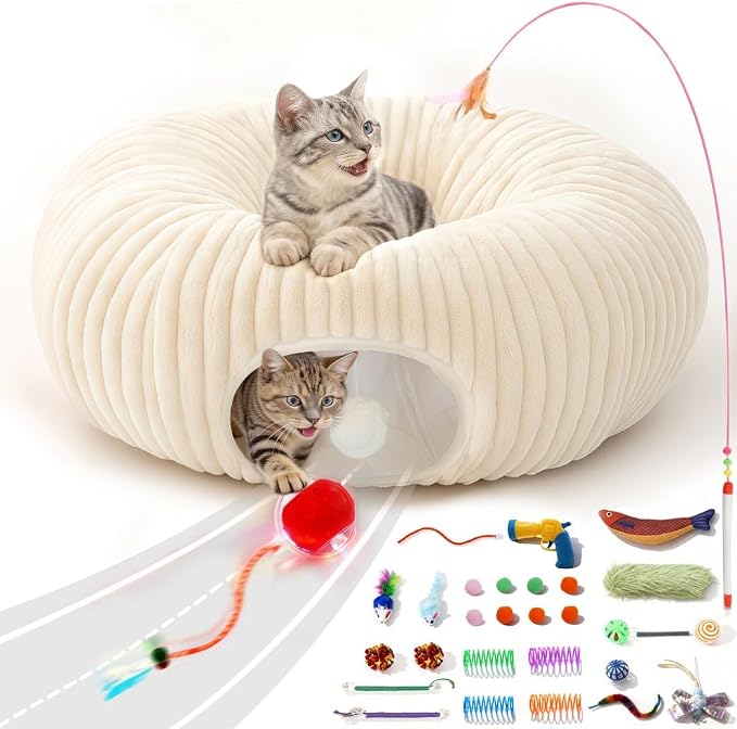 Cat Tunnel Bed with 31 Pcs Interactive Cat Toys, Automatic Cat Toys for Indoor Cats Kittens, Cat Tube with Moving Ball, White