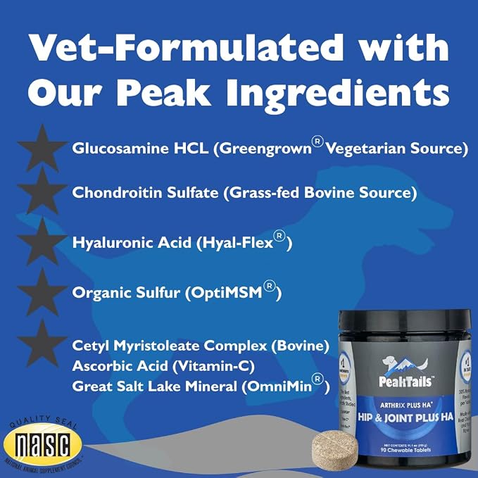 KALA HEALTH PeakTails Hip & Joint Plus HA for Dogs – 90 Tablets, Glucosamine, Chondroitin, OptiMSM, Vitamin C & Hyaluronic Acid – Supports Joint Mobility & Comfort