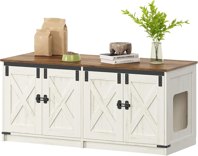 Hzuaneri Cat Litter Box Enclosure for 2 Cats, Hidden Litter Box Furniture Cabinet with Double Room, Indoor Cat House, Farmhouse Style, 46.7 x 18.9 x 21.1 Inches, Rustic Brown and White CB85314X
