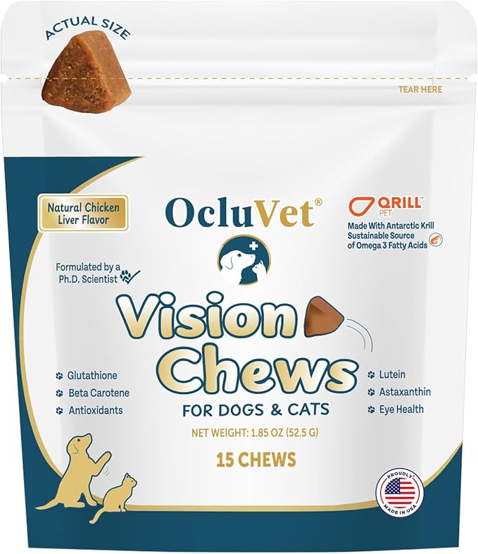 OcluVet Vision Chews Eye Supplements for Dogs & Cats, Natural Chicken Flavor, Contains Omega 3, Lutein, Antioxidants, & More, Cat & Dog Eye Supplements, No Preservatives, Made in USA, 1 Bag, 15 Chews