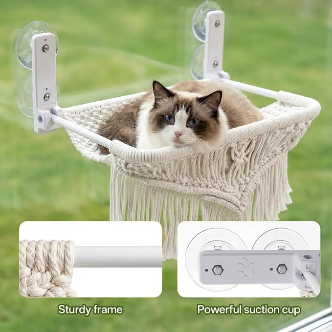 Cat Hammock & Window Perch w/ 4 Suction Cups, Foldable Adjustable Boho Cotton Rope Pet Hammock Bed & Cat Shelves for Indoor Cats/Small Animals - All-Season Sleeping, Lounging, Climbing