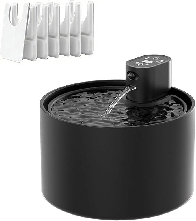 Cordless Ceramic Cat Water Fountain: 78oz/2.3L Automatic Super Silent Intelligent Sensor Cordless Pet Drinking Dispenser with 4000mAh Battery & 7 Filter Dog Water Bowl Dispenser - for Pets (Black)