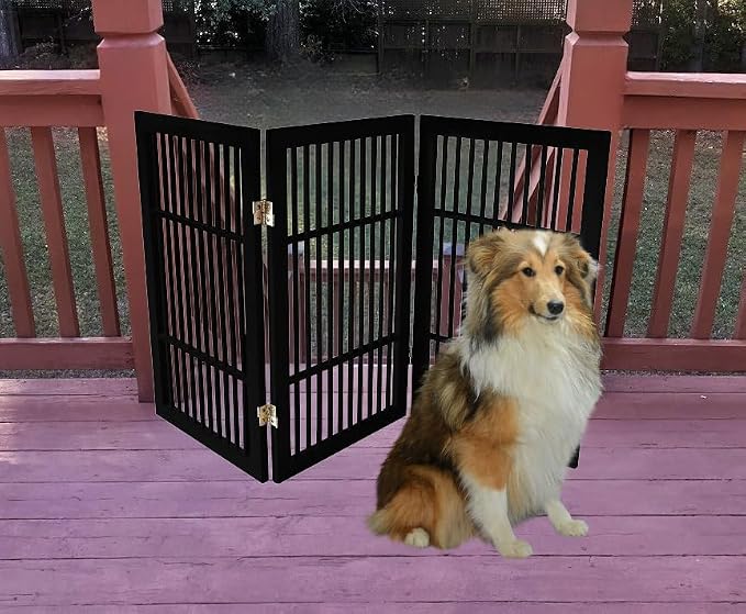 Urnporium Pet Dog Gate Freestanding, Strong Durable Folding Wooden Fence, Portable Acacia Hardwood Safety Barrier for Indoor & Outdoor Use (Black Pet Gate, 3 Panel 30" Tall)